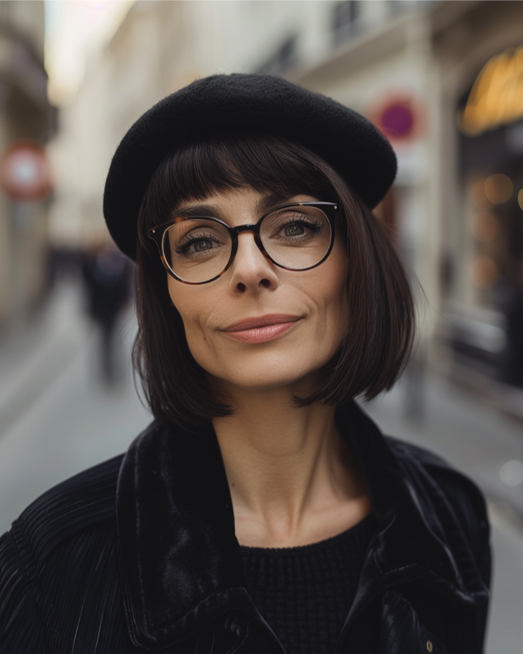 frau mit barette, kurzem bob mit pony und brille