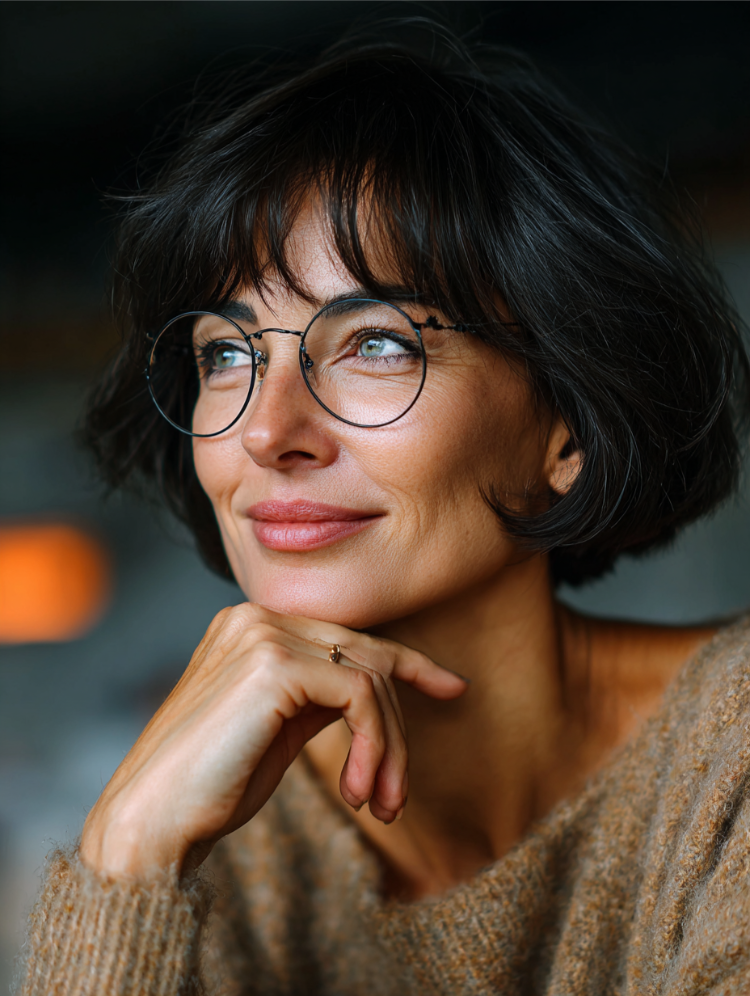 frau mit schwarzem kurzen bob mit pony und runder brille