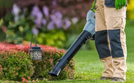 gärtner verwendet laubbläser auf ein blumenbeet auf rasenfläche