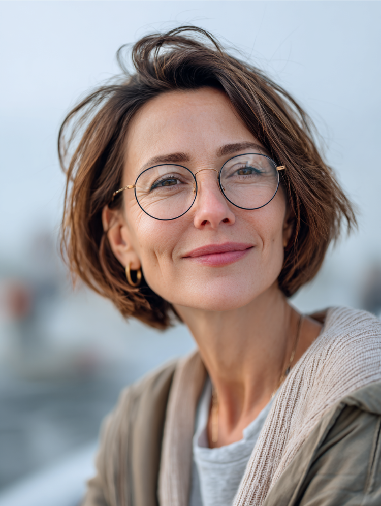 reife frau mit kurzem bob und brille