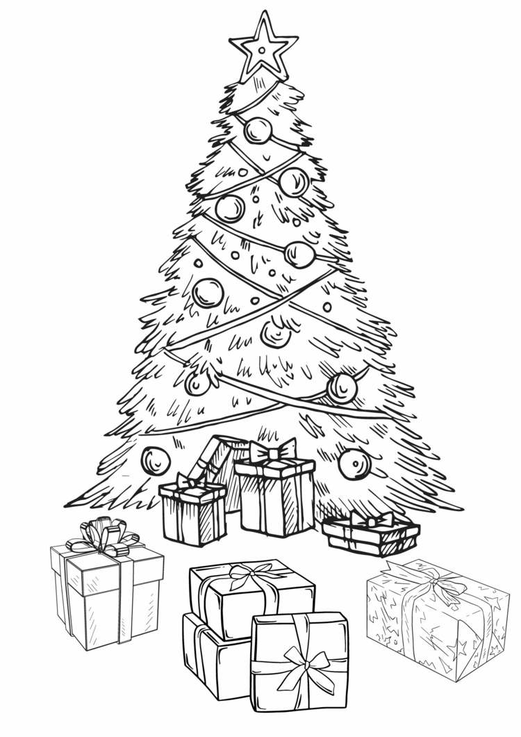 Ausmalbilder für Weihnachten - Schöner Christbaum mit Geschenken