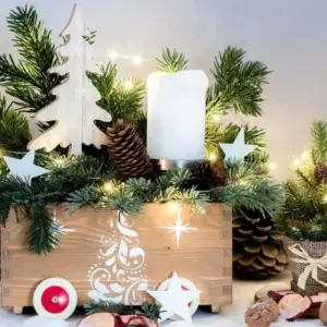 DIY Holzkiste Deko zu Weihnachten mit Naturmaterial und Lichtern