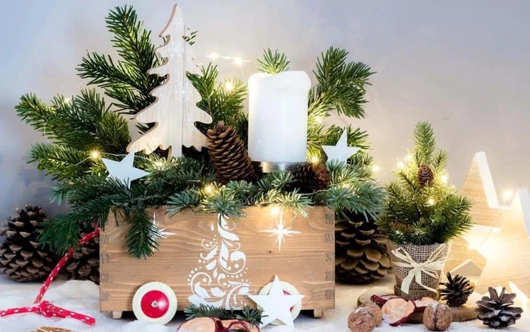 DIY Holzkiste Deko zu Weihnachten mit Naturmaterial und Lichtern