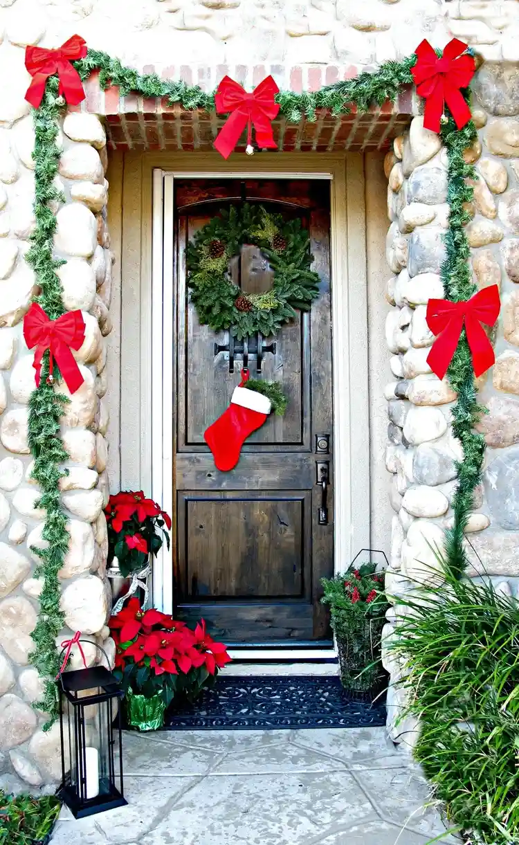 Deko für den Hauseingang zu Weihnachten echte Weihnachtssterne und Girlanden und roten Schleifen