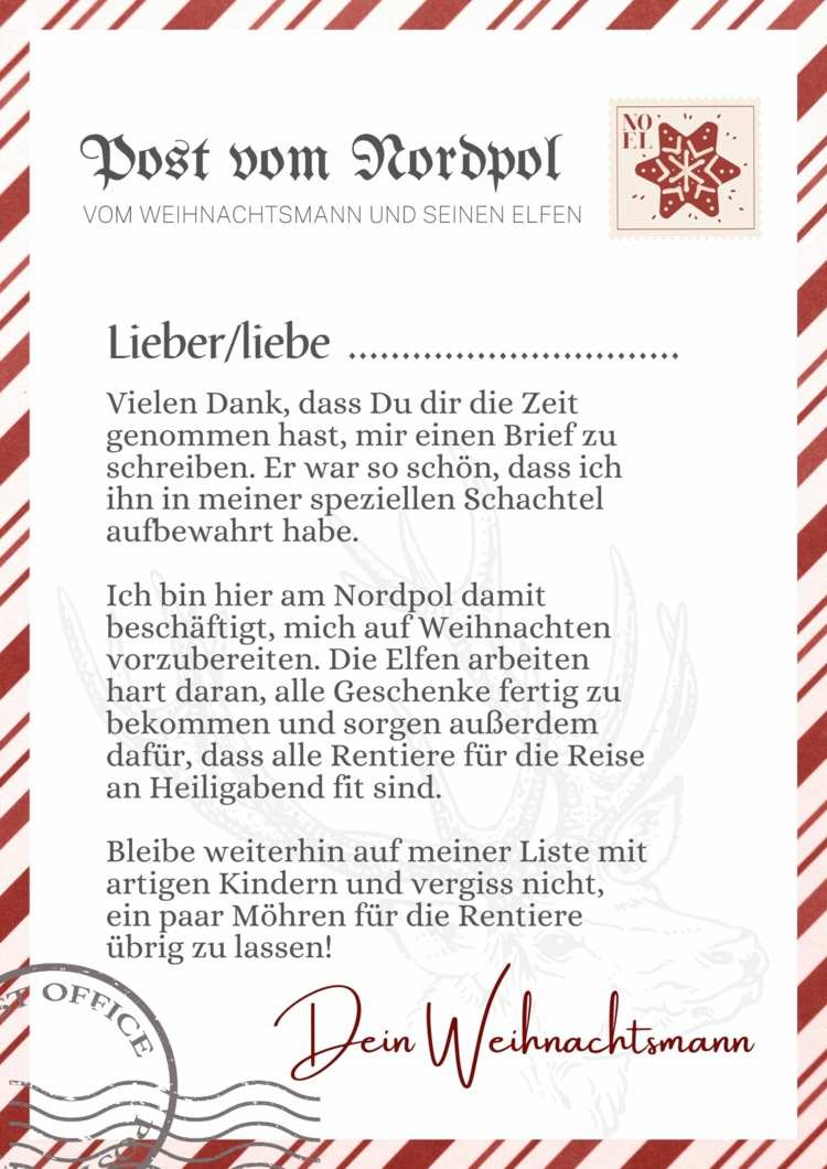 Kurzer Weihnachtsmannbrief vom Nordpol mit Poststempel und Briefmarke
