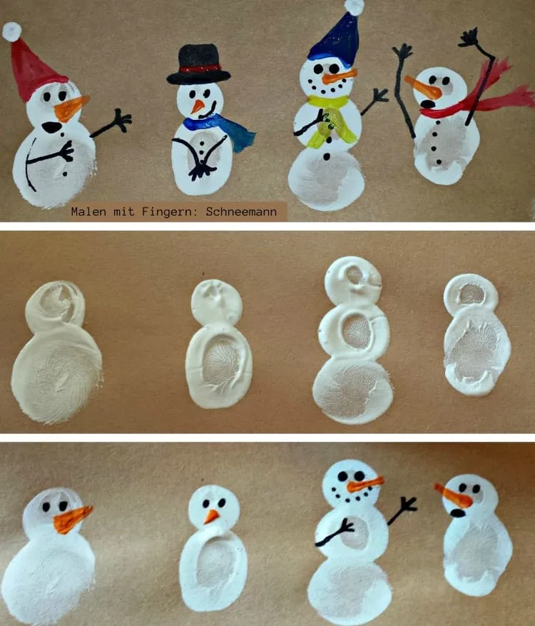 Malen mit Fingern Schneemann als Weihnachtsbild mit Kind