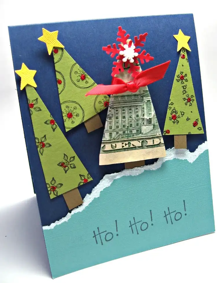 Tannenbaum falten Ideen für Origami Geldgeschenke mit Postkarte