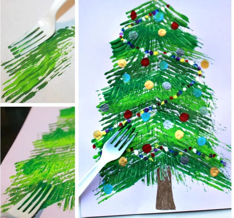 Weihnachtsbaum mit Gabel malen stempeln Anleitung