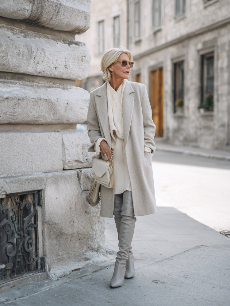 elegante, reife frau in einem monochromen, weißen herbstoutfit mit overknee stiefeln