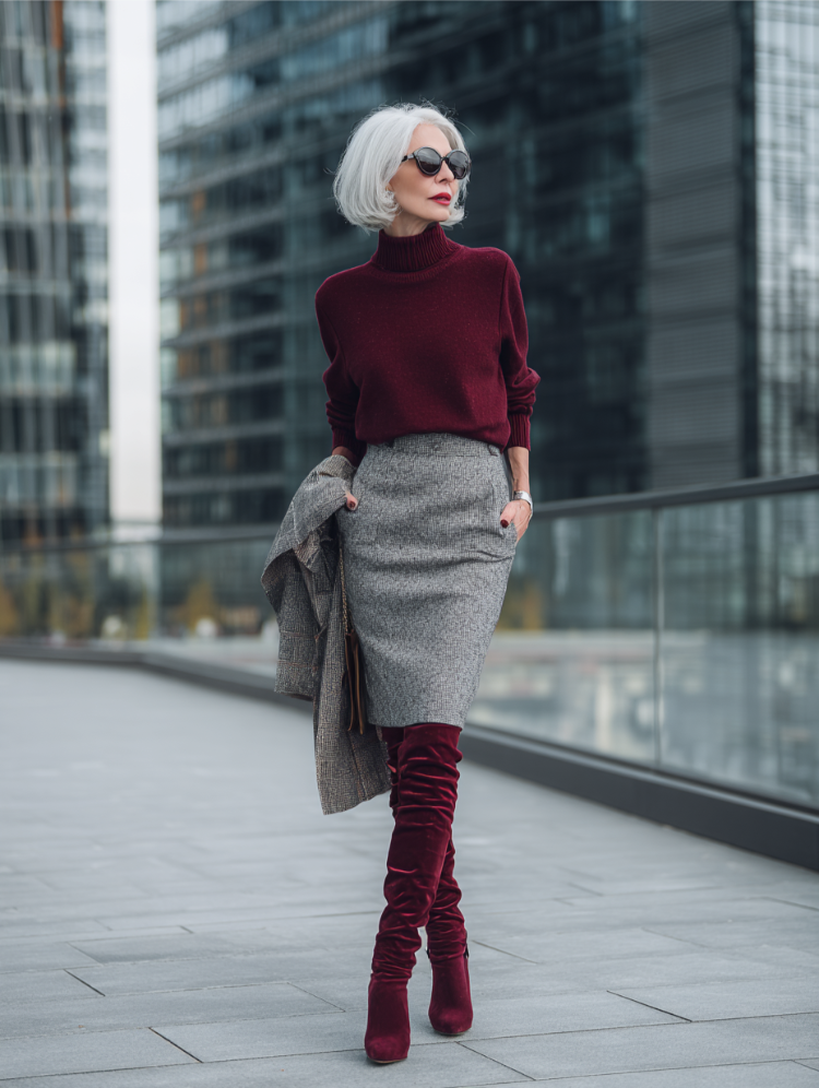 elegante, reife frau mit overknee stiefeln in bordeauxrot und stilvollem herbstoutfit