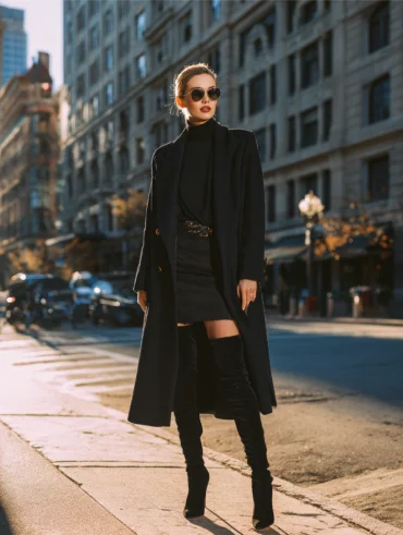 frau im klassischen look mit schwarzen overknee stiefeln und bleistiftrock