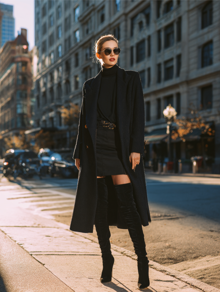 frau im klassischen look mit schwarzen overknee stiefeln und bleistiftrock