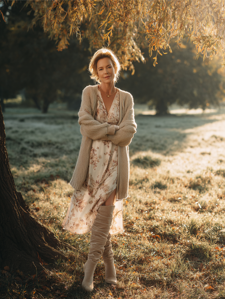 frau mit romantischem herbstoutfit mit floralem kleid, strickjacke und overknee stiefeln