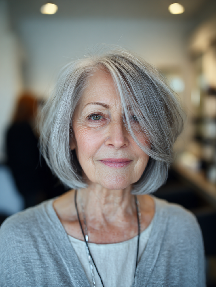 frau über 70 mit eleganter bob frisur, grauen haaren und brille