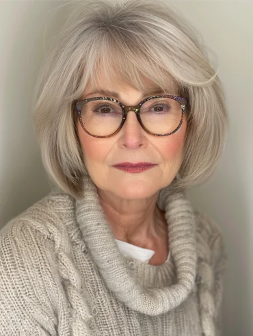 frau über 70 mit eleganter bob frisur und brille