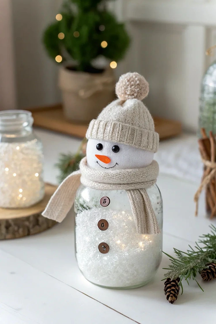 weihnachtsdeko im glas mit schneemann figur basteln
