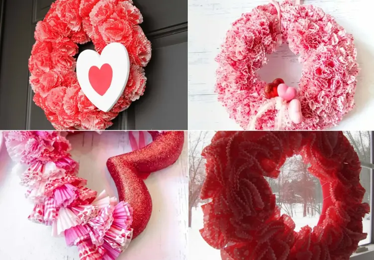Basteln mit Muffinförmchen zum Valentinstag - Kranz für Tür oder Fenster in Rot, Rosa, Weiß