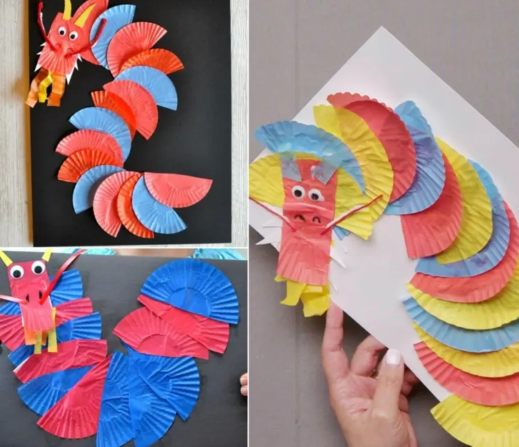 Chinesischen Drachen selber machen mit farbigen Papierförmchen für Muffins