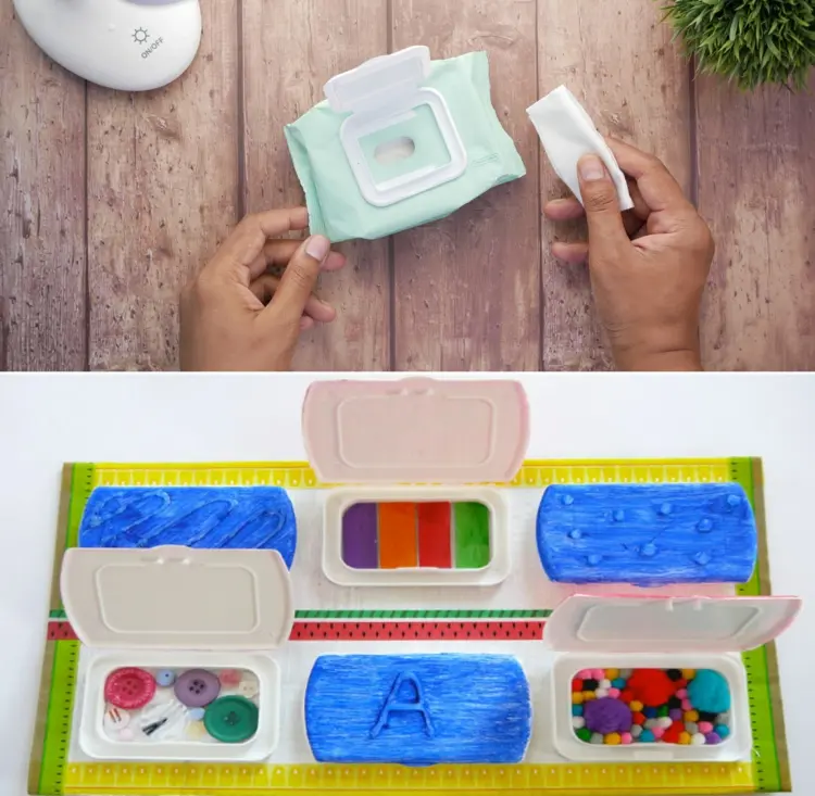 Recycling Ideen zum Basteln - Deckel von Feuchttüchern kreativ verwerten