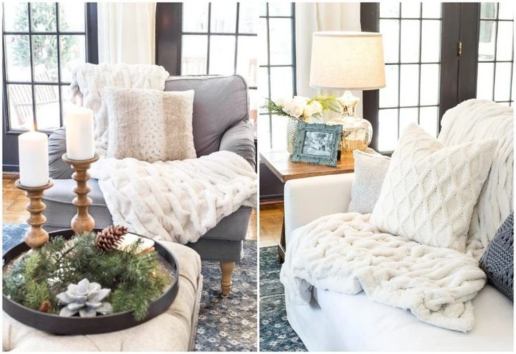 Sofa im Winter mit Stoffen dekorieren