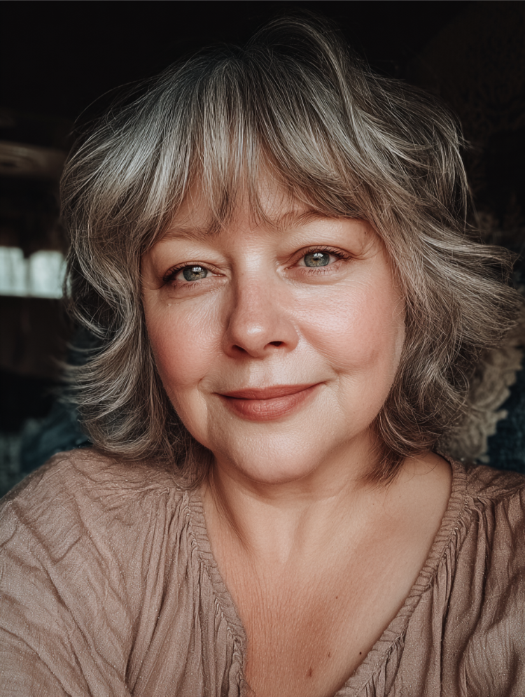 frau mit rundem gesicht und pony