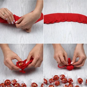 Lindor mit roten Servietten einwickeln und Rosen kreieren