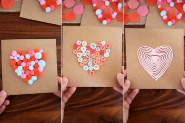 Mit Pompoms, Knöpfen oder Wolle Karten mit Herzmotiv gestalten