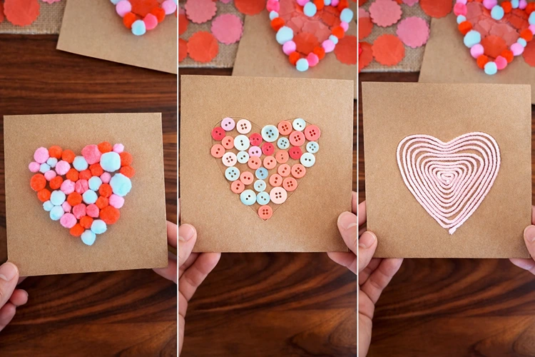 Mit Pompoms, Knöpfen oder Wolle Karten mit Herzmotiv gestalten