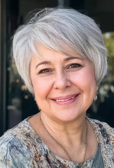 mollige frau mit rundem gesicht, ponyfrisur und kurzen haaren