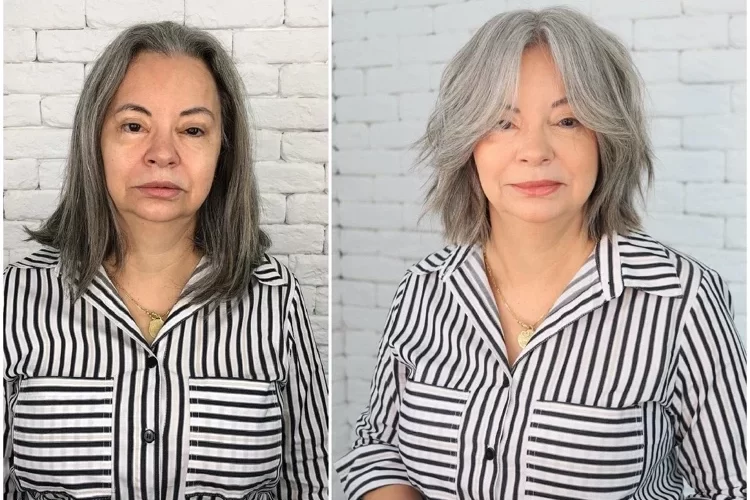 Der Bob mit Curtain Bangs ist eine moderne Kurzhaarfrisur für graue Haare ab 60