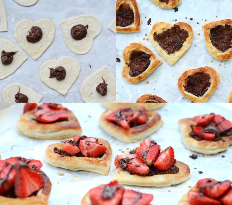 Dessert zum Valentinstag Ideen Blätterteig Herzen mit Nutella und Erdbeerne