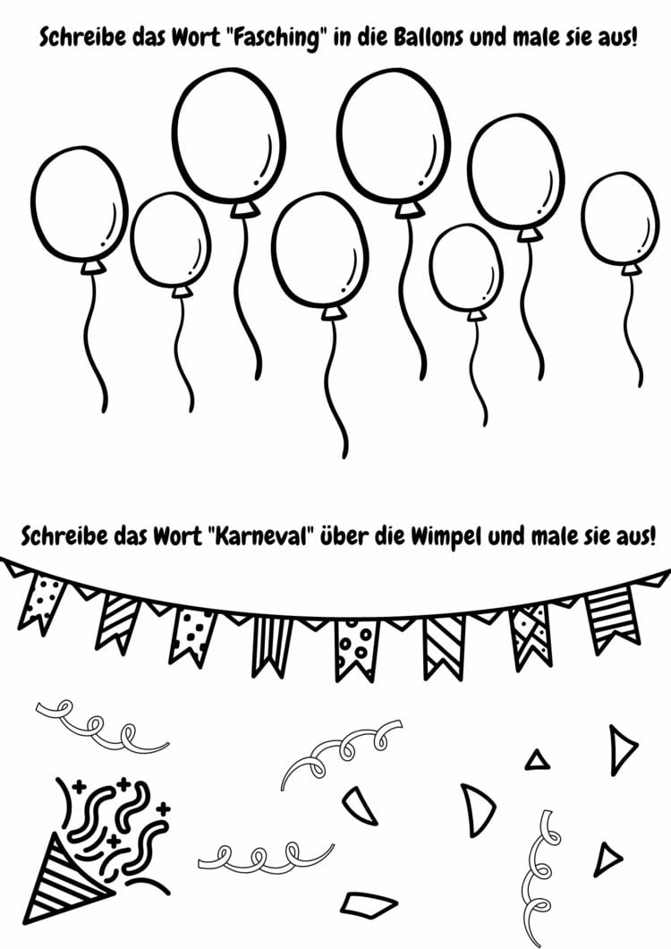 Übung zum Schreiben der Wörter in die Ballons oder Faschingsgirlande