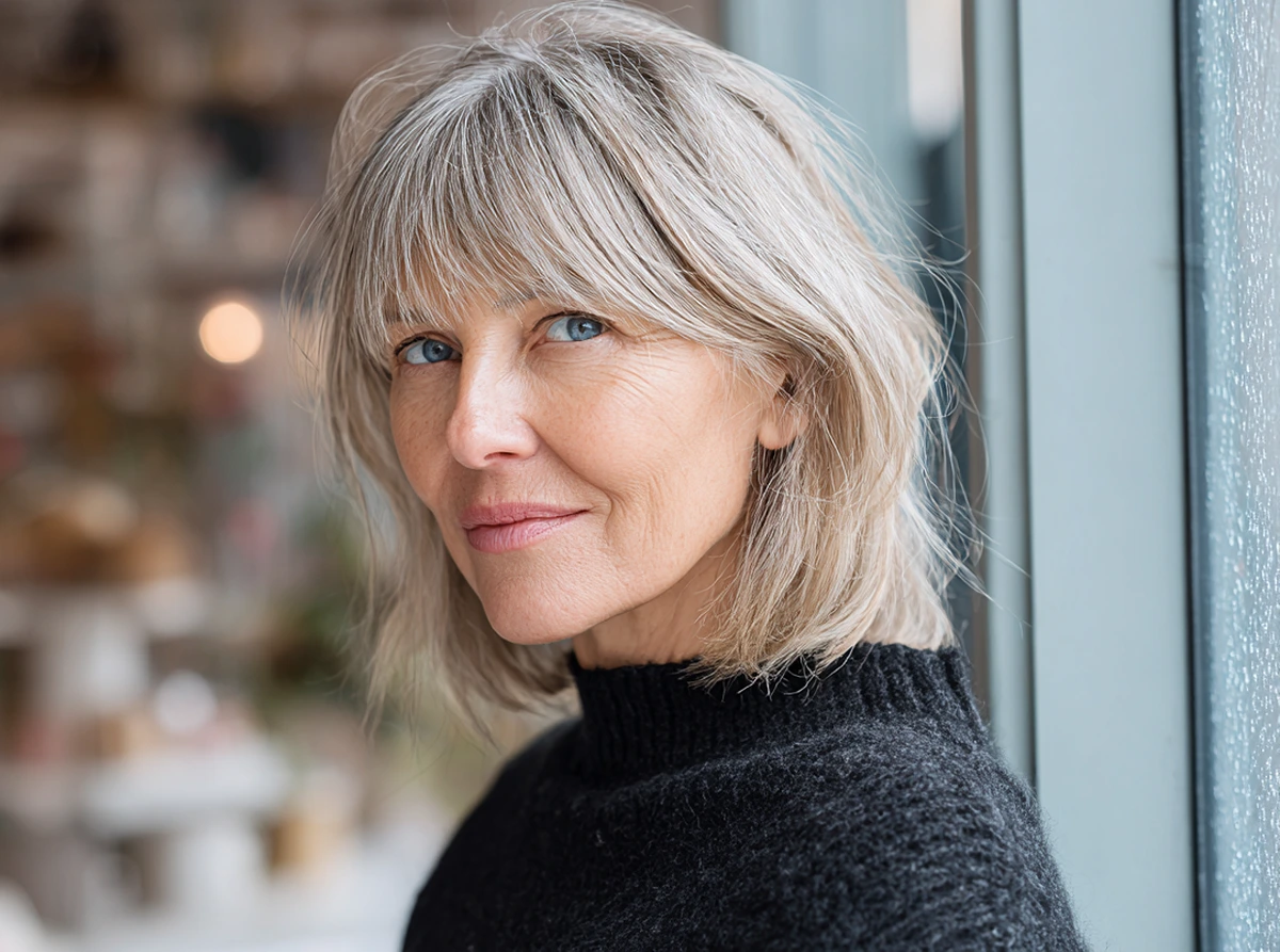 graues haar, kurzer bis mittellanger schnitt, weicher pony