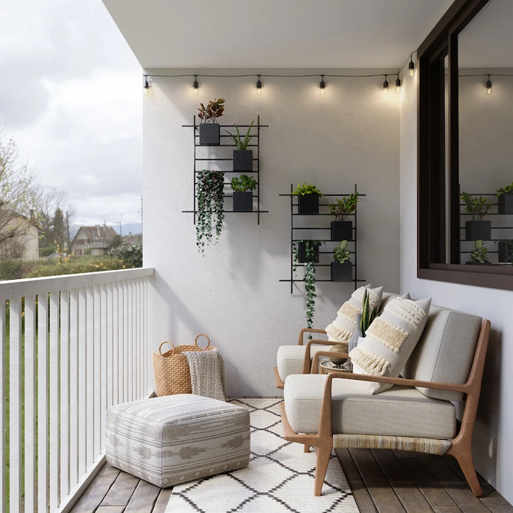 minimalistisches design und retro stil als balkon trends 2023 mit bequemen möbelstücken und pflanzen