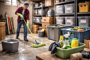 Nach dem Ausmisten des Kellers Böden und Regale putzen