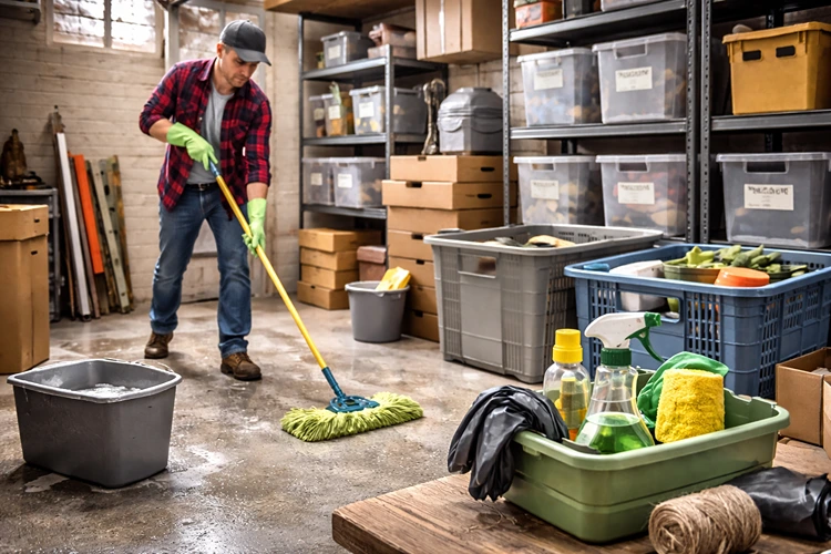 Nach dem Ausmisten des Kellers Böden und Regale putzen