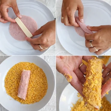 Schinken und Käse einrollen und mit Cornflakes panieren