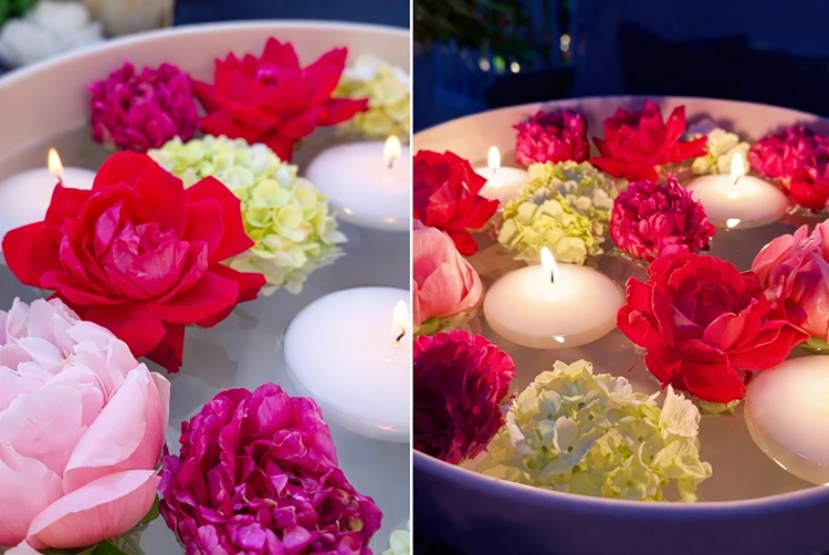 Schwimmkerzen und Blumen in einer Dekoschale kombinieren