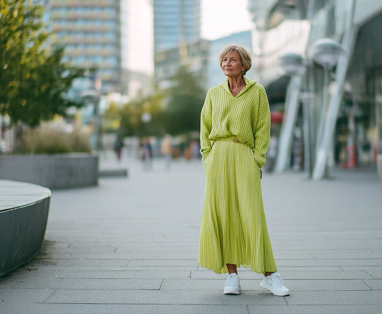 Trendige Sneaker Farben weiß mit Limettengrünem Maxikleid im Frühling kombinieren