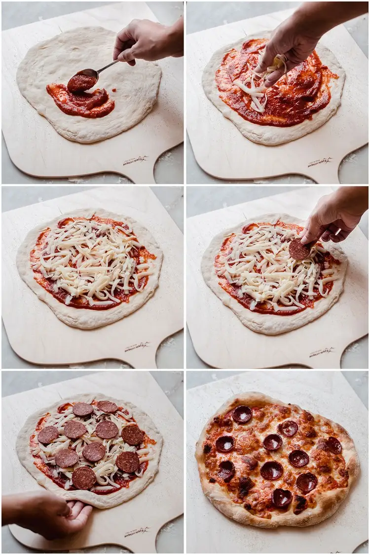 Legen Sie die Pizza auf das Backblech und backen bis sie gebräunt und blasig ist