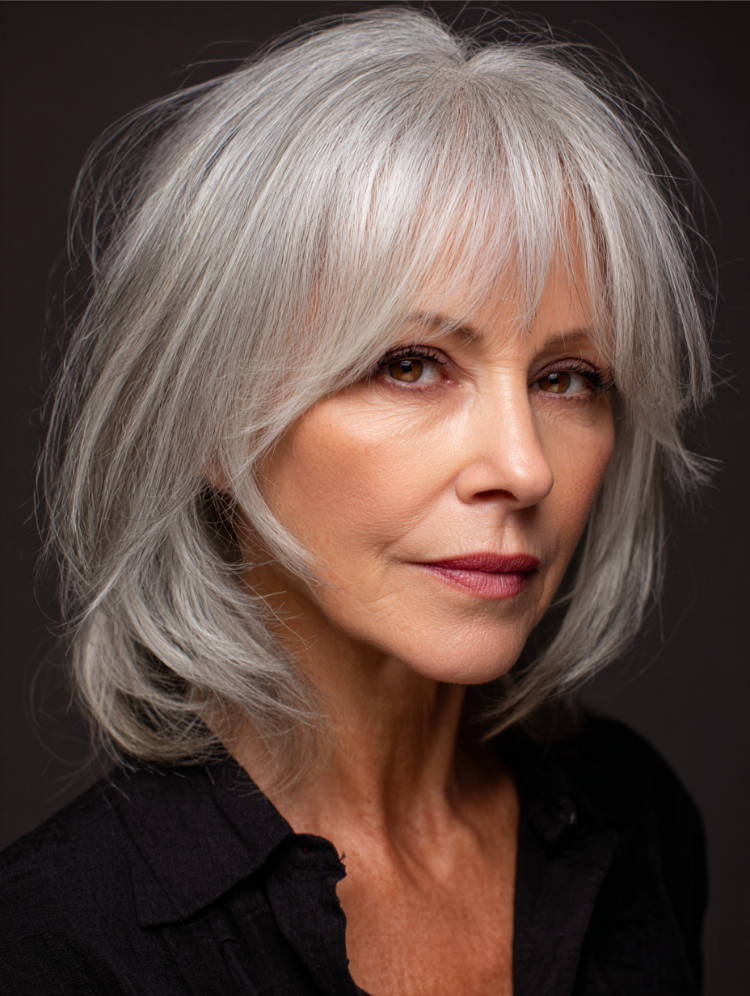 ältere frau mit grauen haaren und curtain bangs
