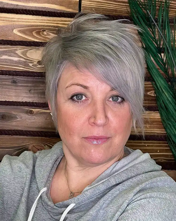 Cheeky pixie cut for fine gray hair over 50