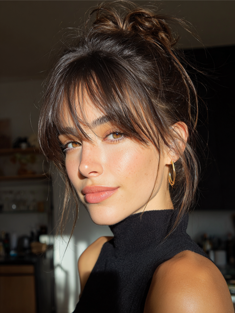 junge frau mit hochsteckfrisur und curtain bangs