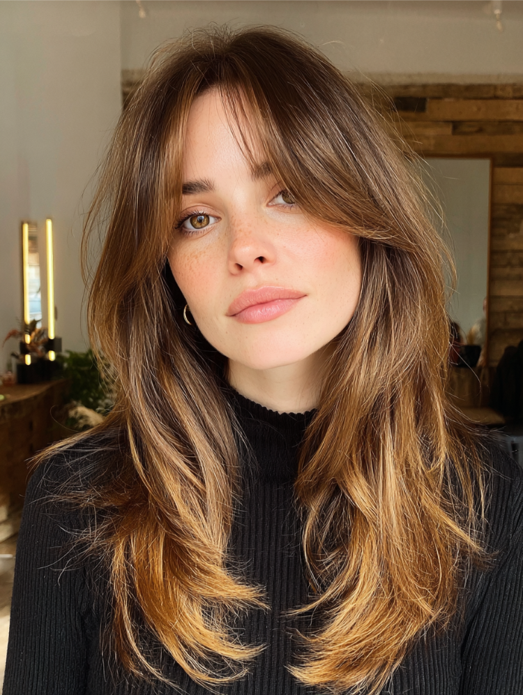 junge frau mit langem stufenschnitt und curtain bangs