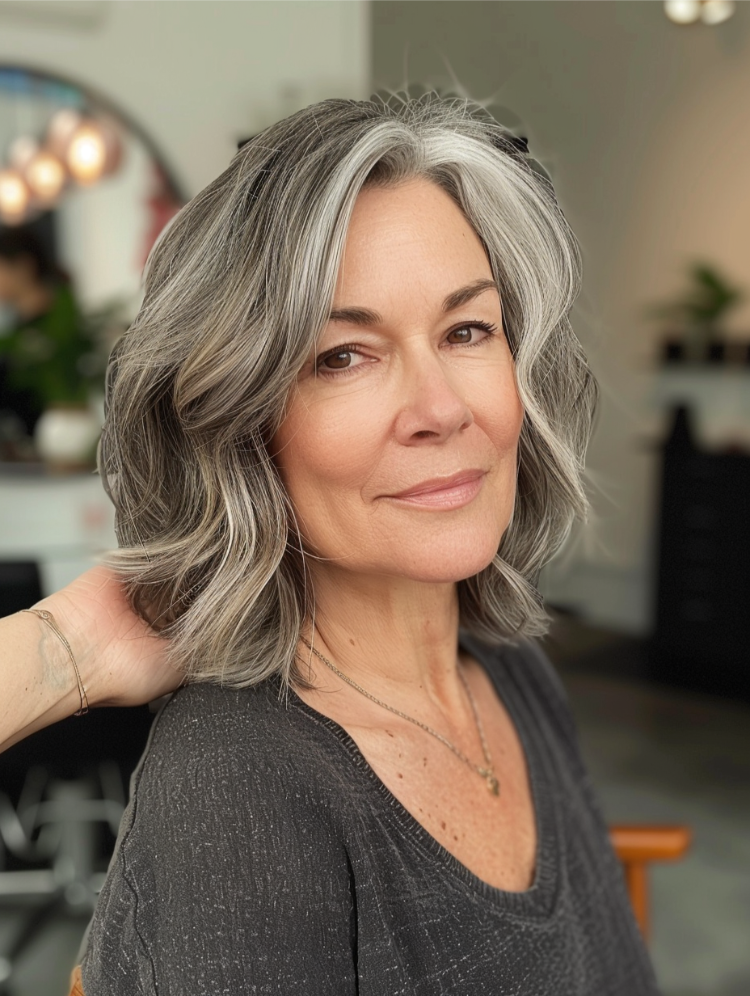 reife frau mit grau weißem haar und curtain bangs