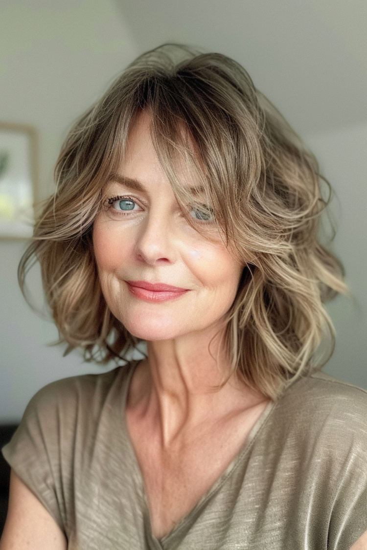 reife frau mit langem bob und curtain bangs