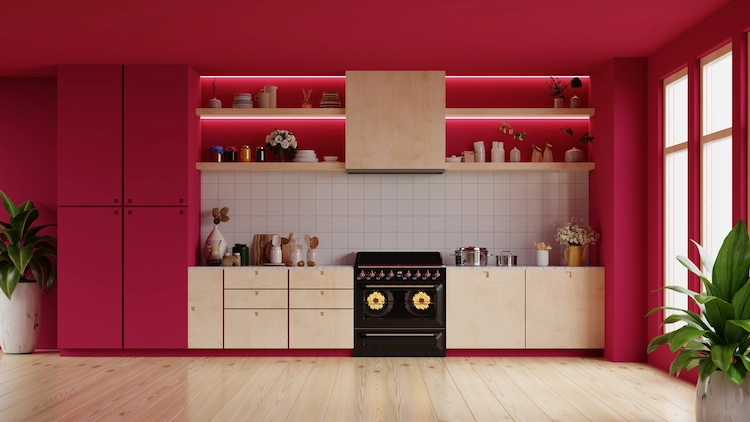 trendige küchengestaltung mit küchenschränken in pantone viva magenta