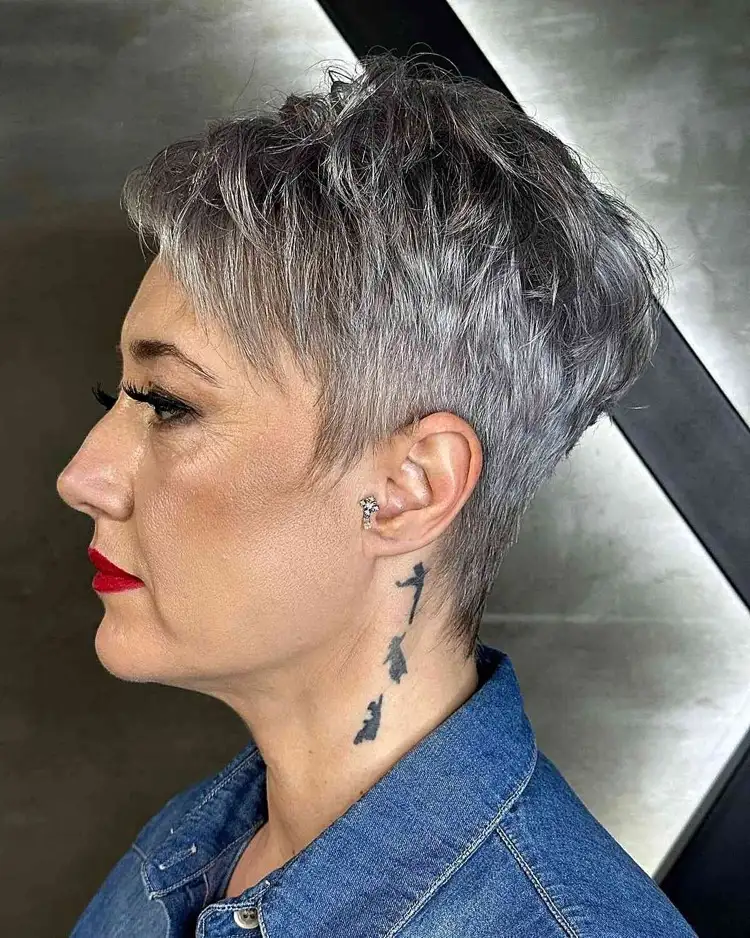 Sassy short hairstyle for thin silver hair over 50