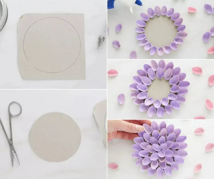 Anleitung für die Pistazienblume - Kreis aus Pappe ausschneiden und Schalen anordnen
