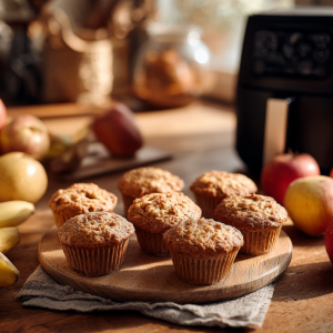 apfel bananen muffins neben einer heißluftfritteuse